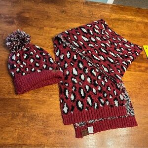 C.C Leopard Print Hat and Scarf Set - Burgundy and Black